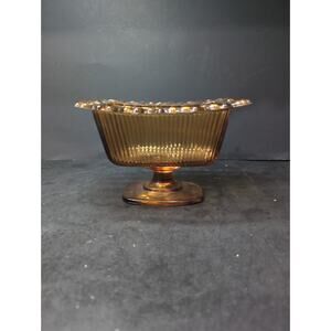 FTDA Amber Glass Candy Dish, Lace Ribbed‎ Pedestal Bowl, VTG Home Decor, Planter